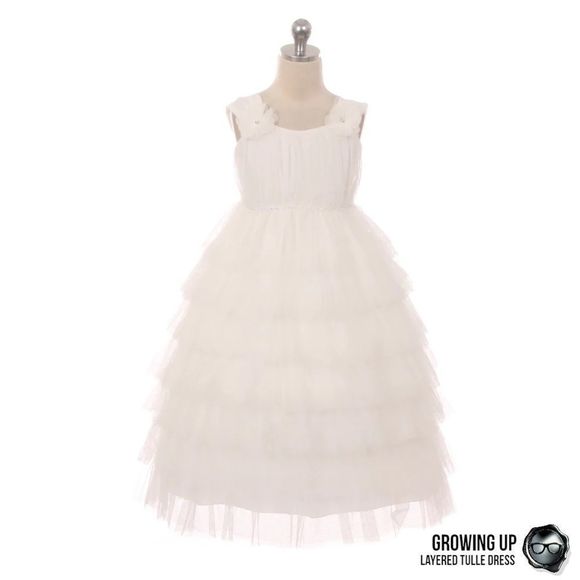 LAYERED MESH TULE PARTY DRESS IN OFF WHITE TEA LENGTH EMPIRE WAIST GIRLS SIZE 4 - Picture 14 of 15